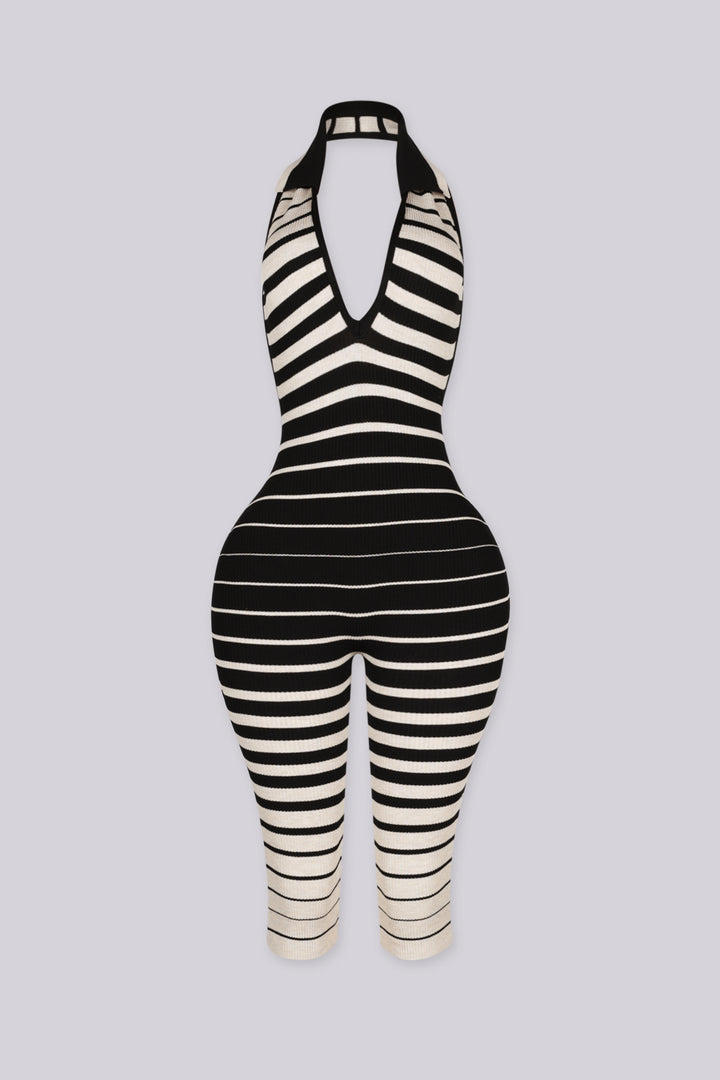 Ribbed knit sleeveless halter capri jumpsuit with deep plunging V neckline in ombre stripe print