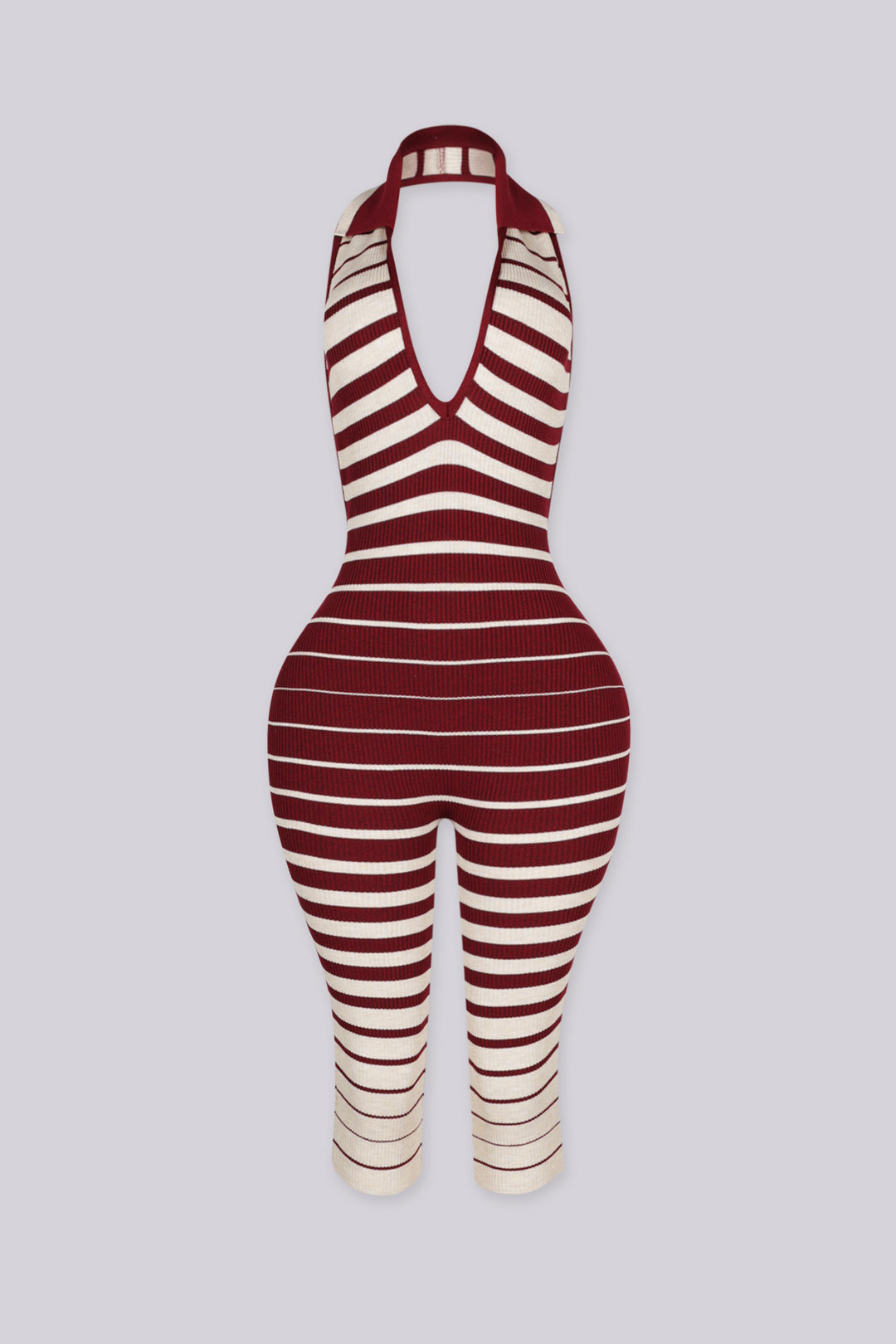 Ribbed knit sleeveless halter capri jumpsuit with deep plunging V neckline in ombre stripe print