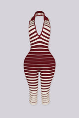 Ribbed knit sleeveless halter capri jumpsuit with deep plunging V neckline in ombre stripe print