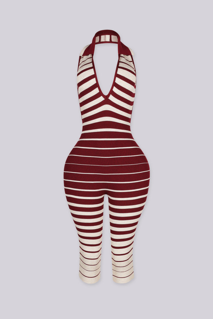 Ribbed knit sleeveless halter capri jumpsuit with deep plunging V neckline in ombre stripe print