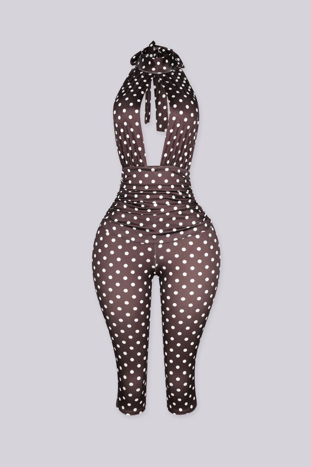 Sleeveless retro polka dot print jumpsuit with high mock collar featuring keyhole cutout opens below the collar