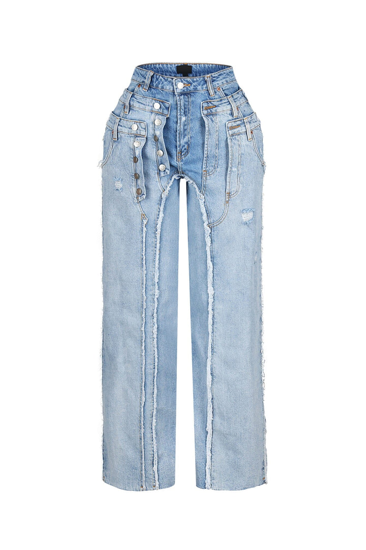 Bold vertical seams wide leg jeans with double pair layered waistband featuring multiple button fly closures and extra belt loops