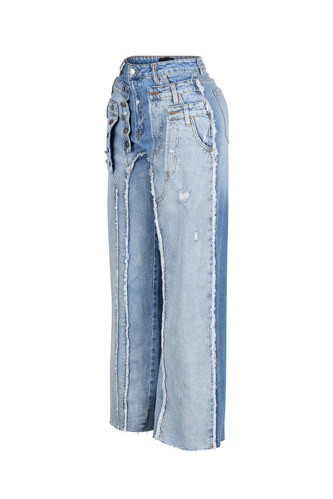 Bold vertical seams wide leg jeans with double pair layered waistband featuring multiple button fly closures and extra belt loops