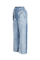 Bold vertical seams wide leg jeans with double pair layered waistband featuring multiple button fly closures and extra belt loops