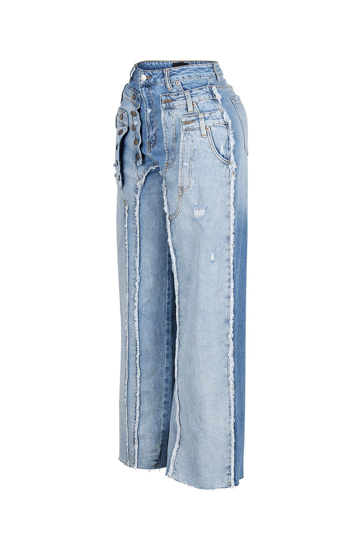 Bold vertical seams wide leg jeans with double pair layered waistband featuring multiple button fly closures and extra belt loops