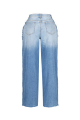 Bold vertical seams wide leg jeans with double pair layered waistband featuring multiple button fly closures and extra belt loops