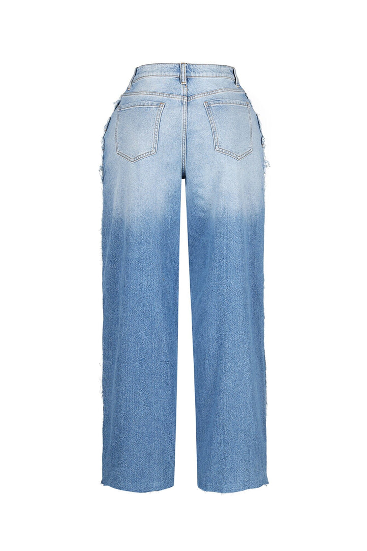 Bold vertical seams wide leg jeans with double pair layered waistband featuring multiple button fly closures and extra belt loops