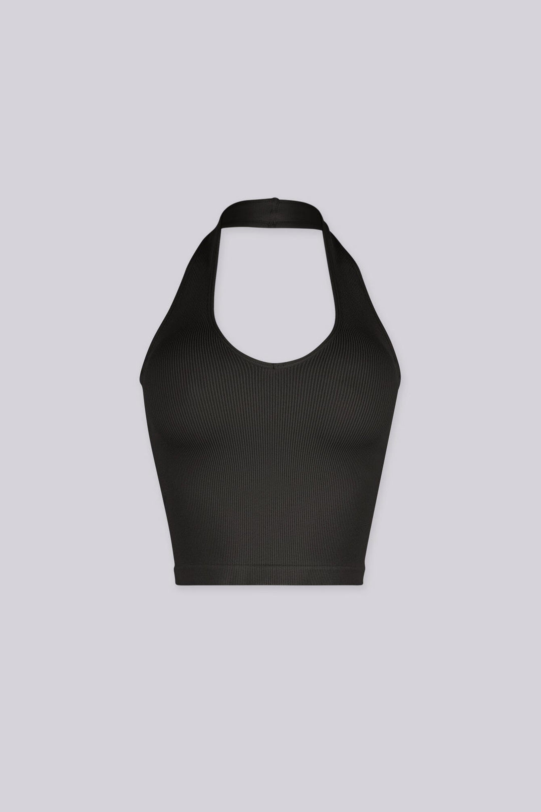 Ribbed halter neck crop top featuring a bold plunging scoop neckline
