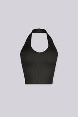 Ribbed halter neck crop top featuring a bold plunging scoop neckline