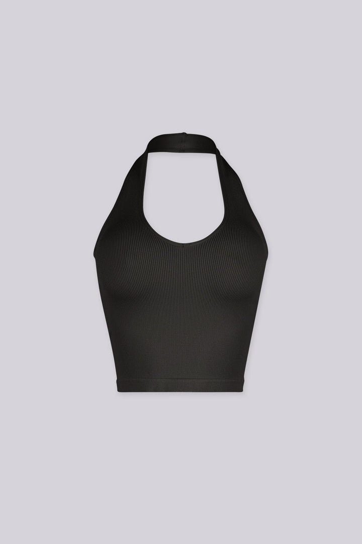 Ribbed halter neck crop top featuring a bold plunging scoop neckline