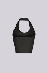 Ribbed halter neck crop top featuring a bold plunging scoop neckline