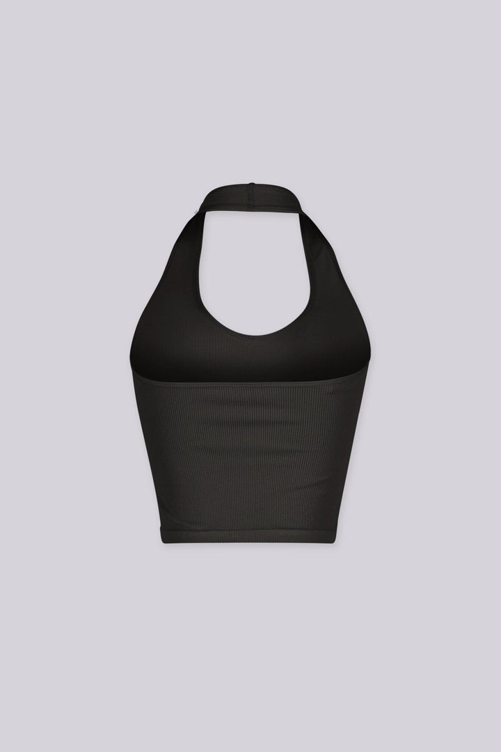 Ribbed halter neck crop top featuring a bold plunging scoop neckline