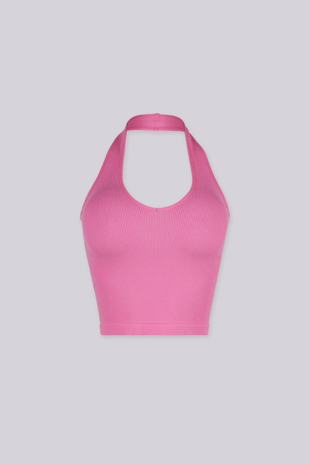 Ribbed halter neck crop top featuring a bold plunging scoop neckline