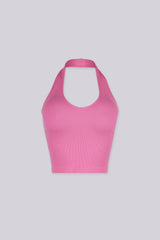 Ribbed halter neck crop top featuring a bold plunging scoop neckline
