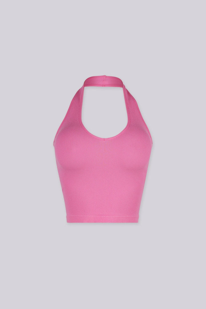 Ribbed halter neck crop top featuring a bold plunging scoop neckline