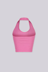 Ribbed halter neck crop top featuring a bold plunging scoop neckline