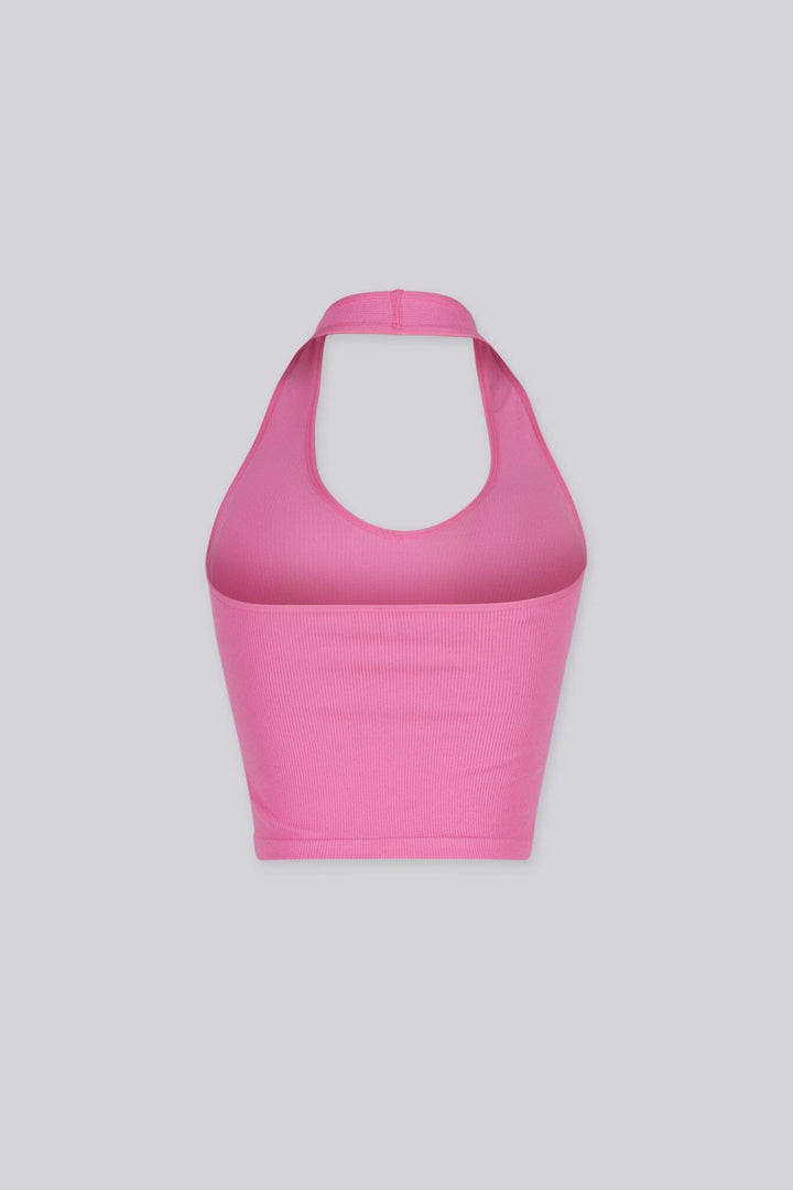Ribbed halter neck crop top featuring a bold plunging scoop neckline
