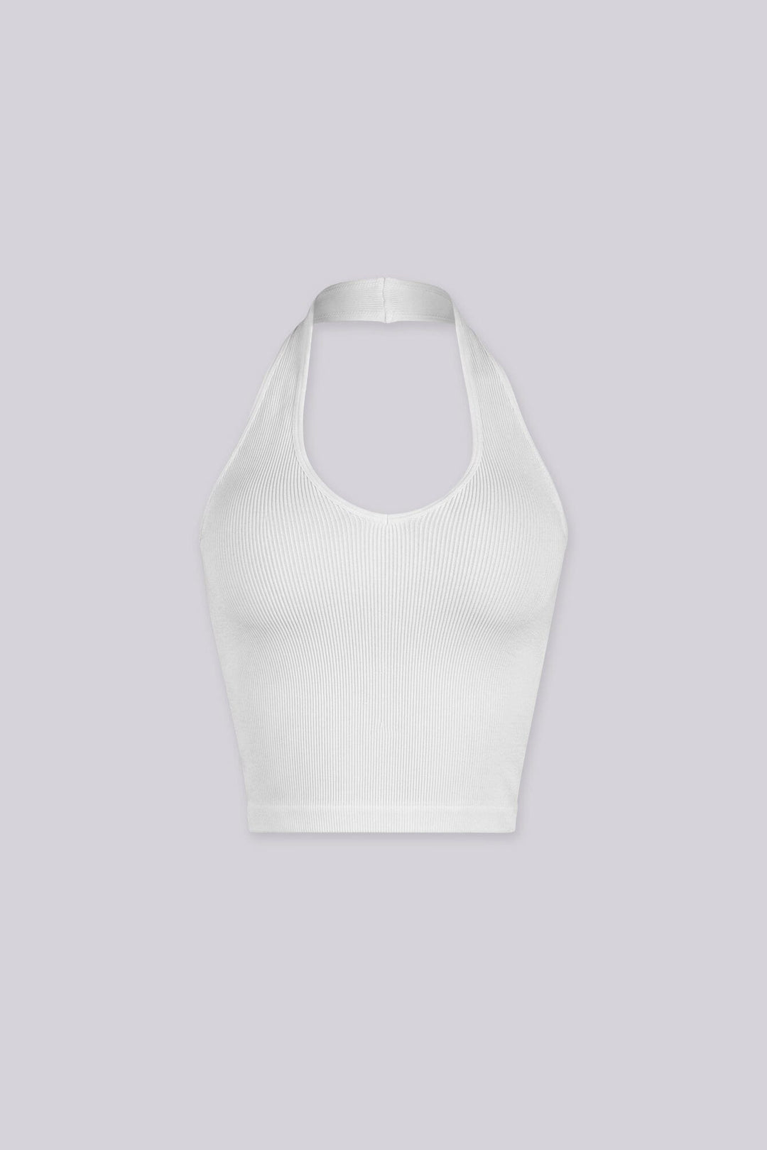Ribbed halter neck crop top featuring a bold plunging scoop neckline