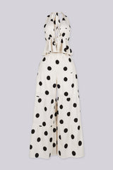 Polkadot deep V neck halter top featuring tie front, Matching high waist wide leg pants set featuring elasticized back waistband