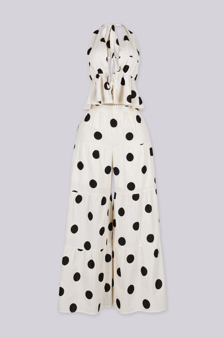 Polkadot deep V neck halter top featuring tie front, Matching high waist wide leg pants set featuring elasticized back waistband