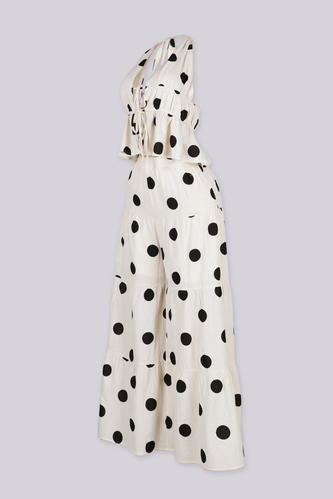 Polkadot deep V neck halter top featuring tie front, Matching high waist wide leg pants set featuring elasticized back waistband