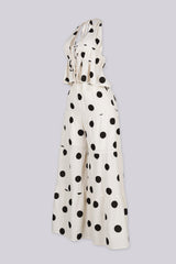 Polkadot deep V neck halter top featuring tie front, Matching high waist wide leg pants set featuring elasticized back waistband