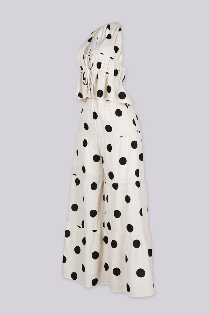 Polkadot deep V neck halter top featuring tie front, Matching high waist wide leg pants set featuring elasticized back waistband