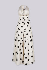 Polkadot deep V neck halter top featuring tie front, Matching high waist wide leg pants set featuring elasticized back waistband