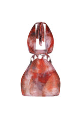 Cross neck halter mini dress featuring center keyhole detail with circular O ring at the midriff