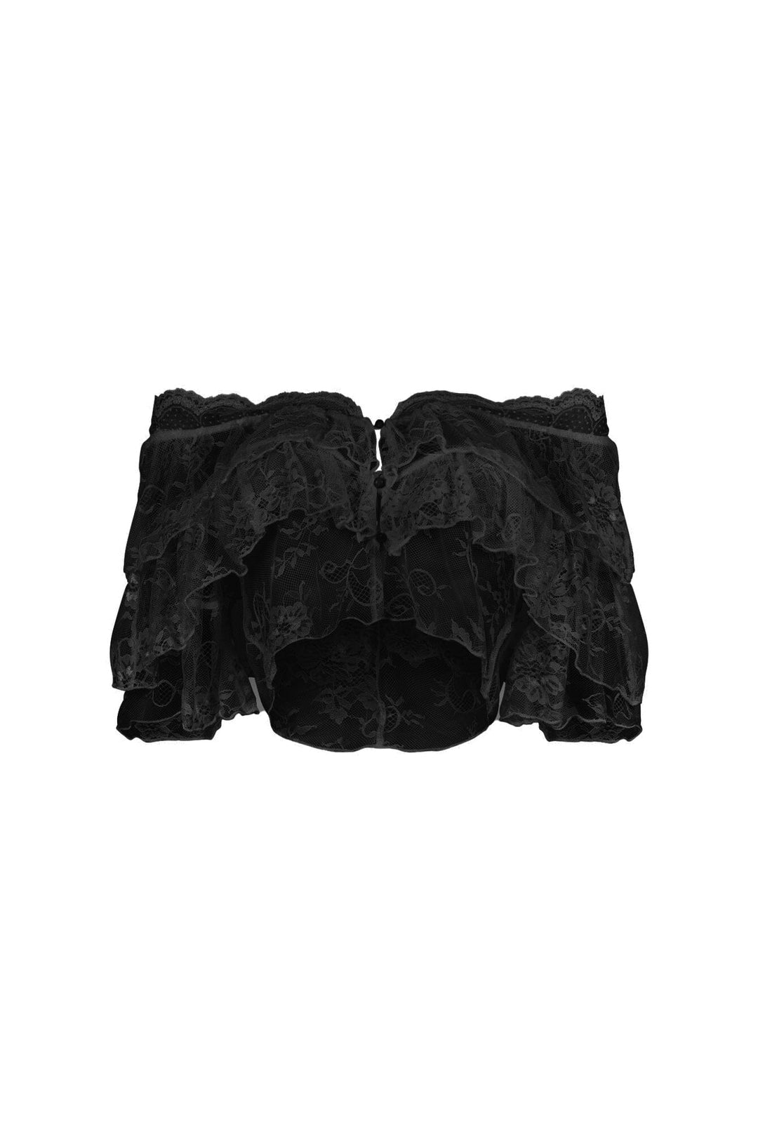 Mesh floral lace crop top with off shoulder neckline featuring layered ruffle details