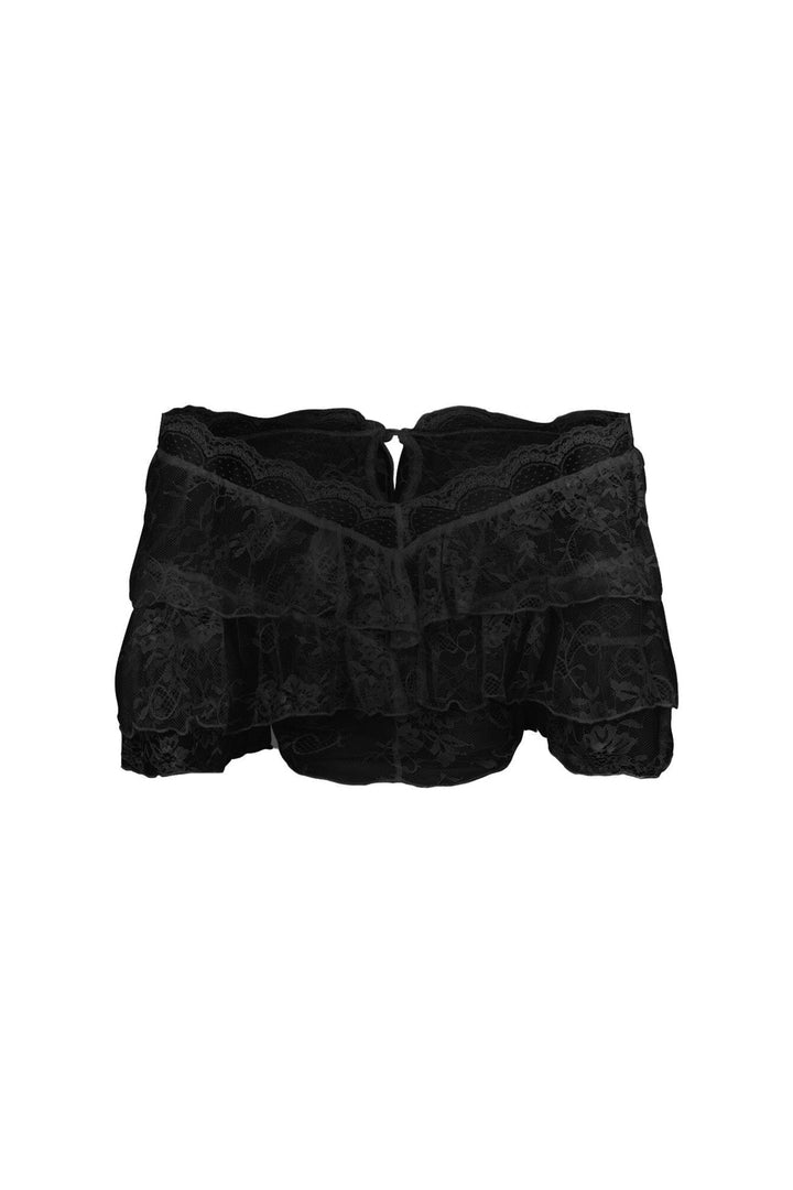 Mesh floral lace crop top with off shoulder neckline featuring layered ruffle details