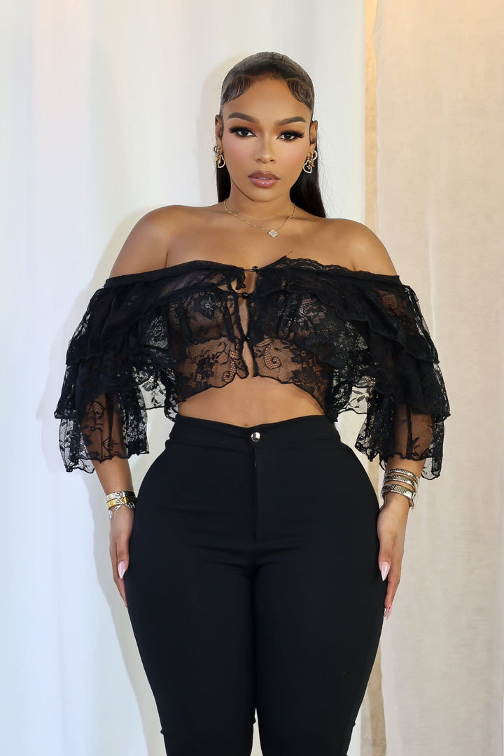Mesh floral lace crop top with off shoulder neckline featuring layered ruffle details