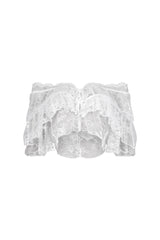 Mesh floral lace crop top with off shoulder neckline featuring layered ruffle details
