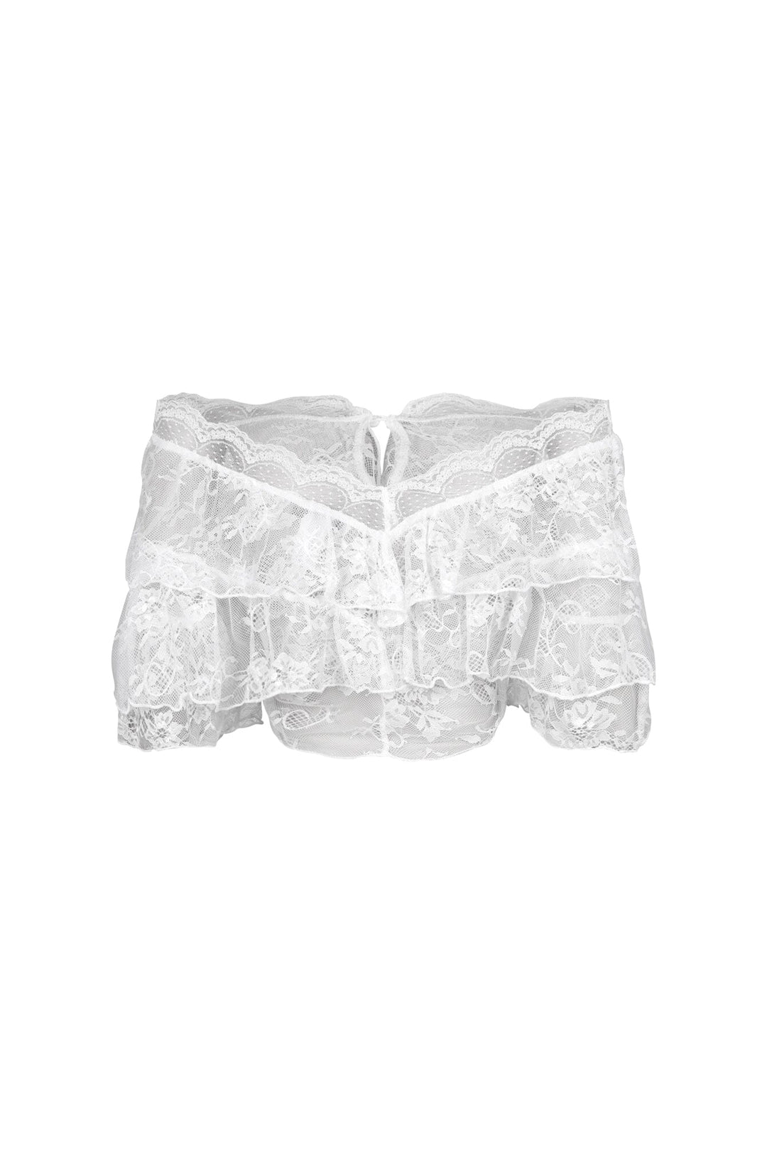 Mesh floral lace crop top with off shoulder neckline featuring layered ruffle details