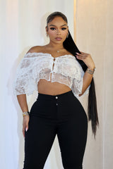 Mesh floral lace crop top with off shoulder neckline featuring layered ruffle details