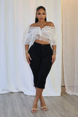 Mesh floral lace crop top with off shoulder neckline featuring layered ruffle details