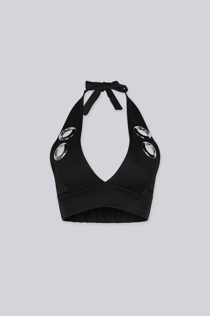 Deep V neckline halter bra top with large metal grommet details