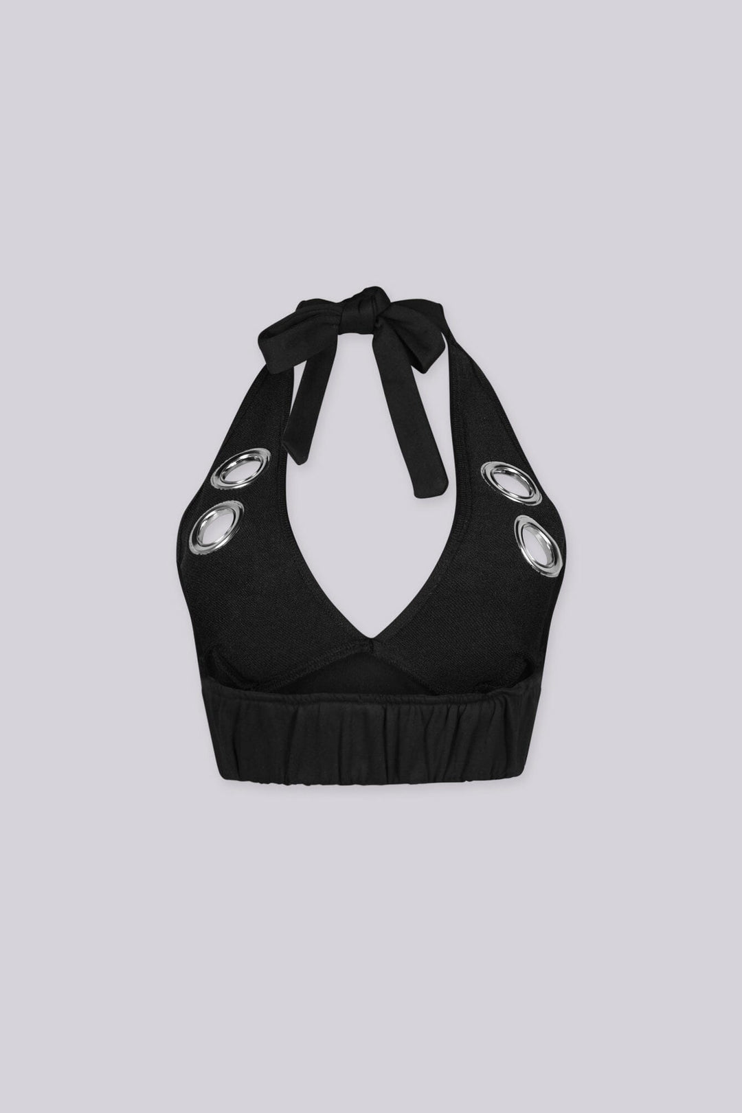 Deep V neckline halter bra top with large metal grommet details