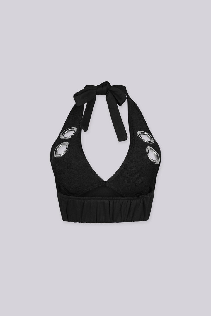 Deep V neckline halter bra top with large metal grommet details
