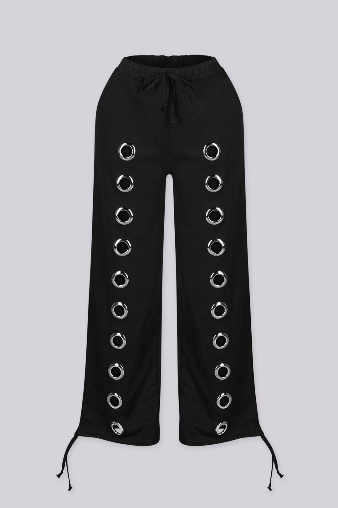 High waisted wide leg pants with side grommet detailing
Elastic waistband with adjustable drawstring