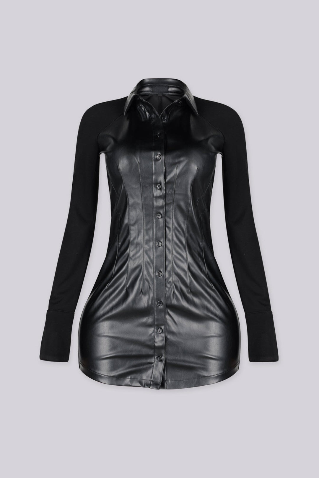 Faux leather front bodice mini dress with a sharp pointed collar featuring