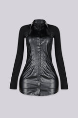 Faux leather front bodice mini dress with a sharp pointed collar featuring