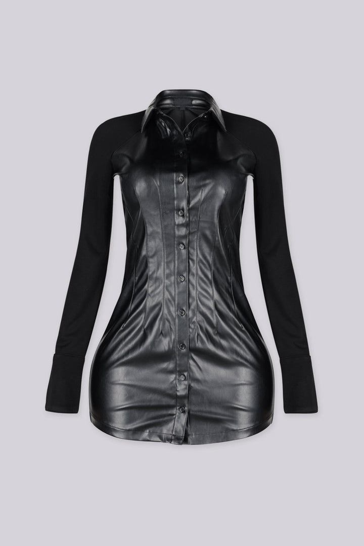 Faux leather front bodice mini dress with a sharp pointed collar featuring