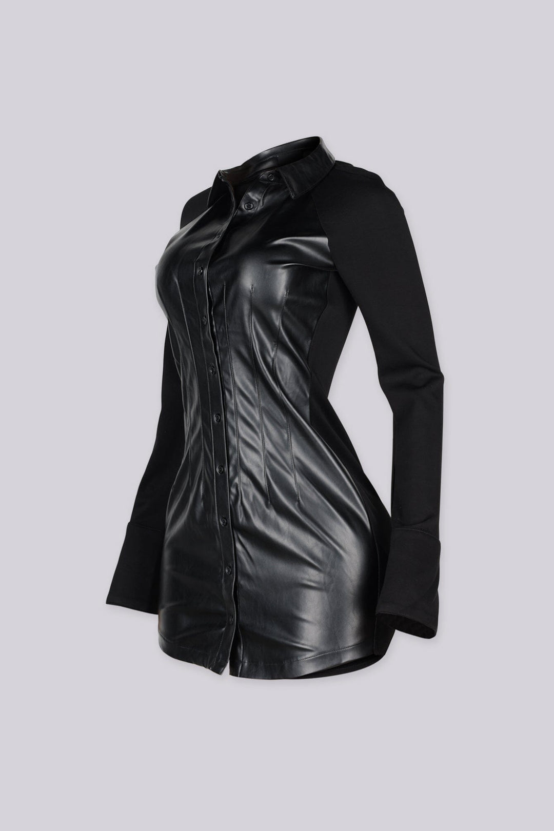 Faux leather front bodice mini dress with a sharp pointed collar featuring