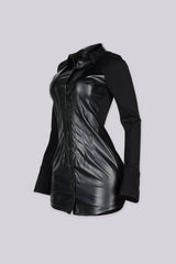 Faux leather front bodice mini dress with a sharp pointed collar featuring