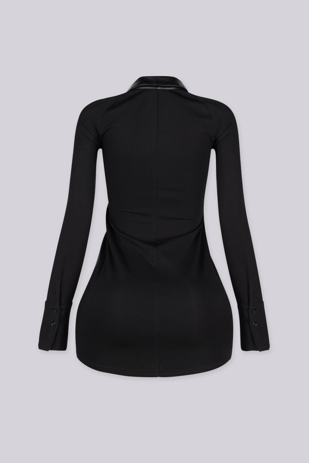 Faux leather front bodice mini dress with a sharp pointed collar featuring