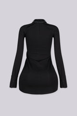 Faux leather front bodice mini dress with a sharp pointed collar featuring