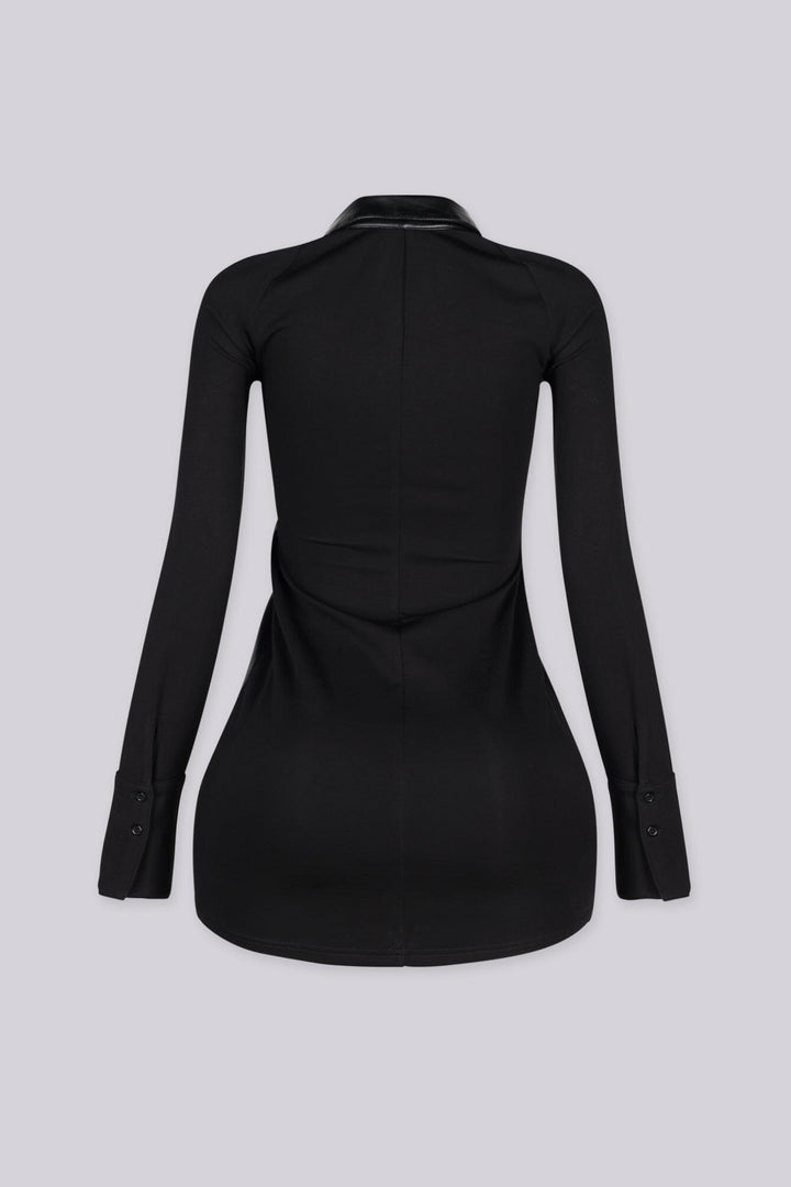 Faux leather front bodice mini dress with a sharp pointed collar featuring