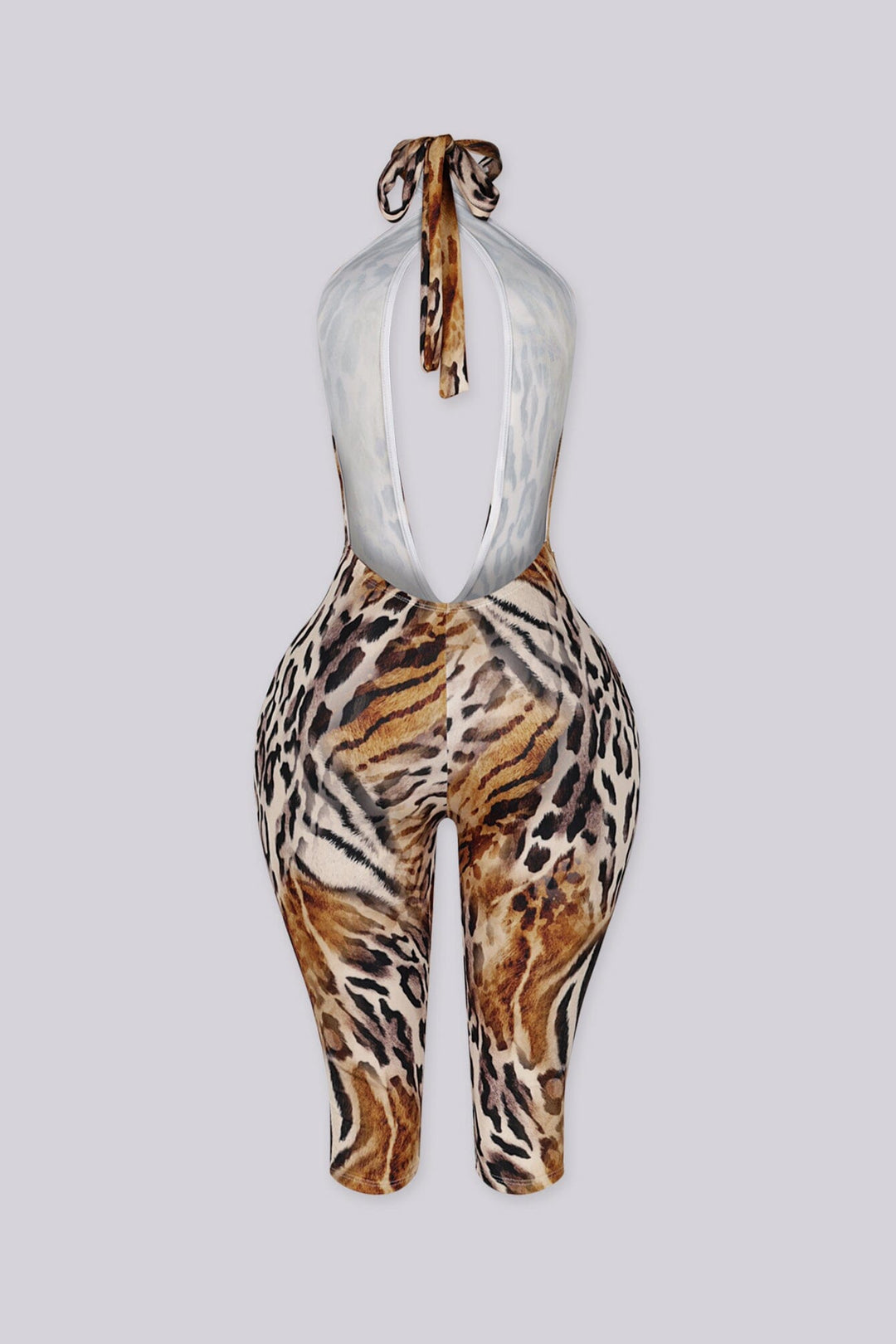 Leopard print halter jumpsuit with a deep plunge neckline and fluid drape
Open back design with adjustable tie neck closure