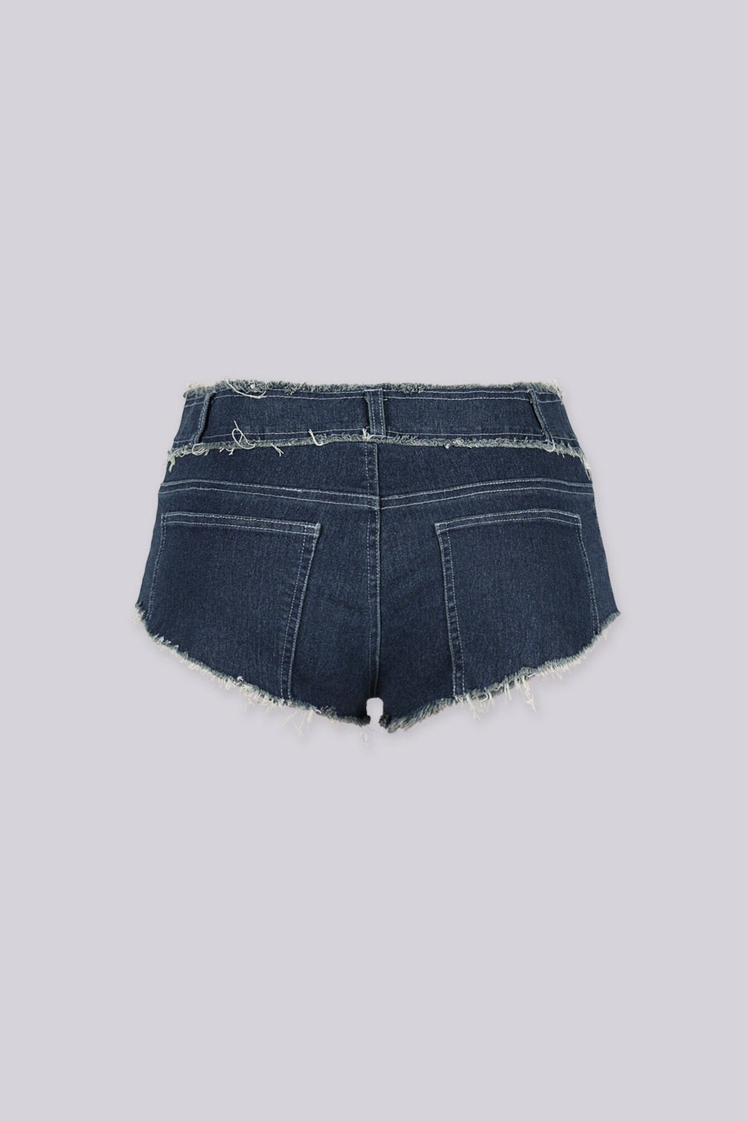 Ultra low rise distressed denim shorts featuring lace up details and sliver O ring hardware